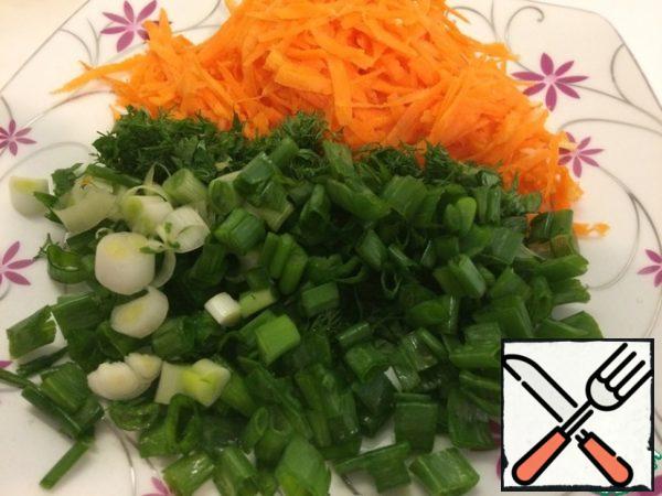 Three carrots, cut green onions, dill and parsley.