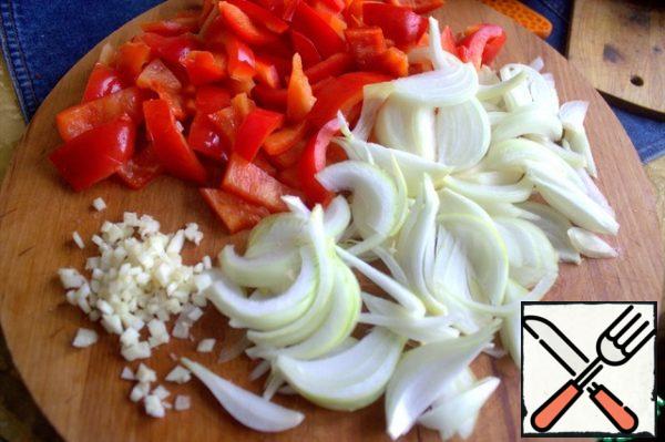 Chop onion (one large or 2 small), garlic, pepper.