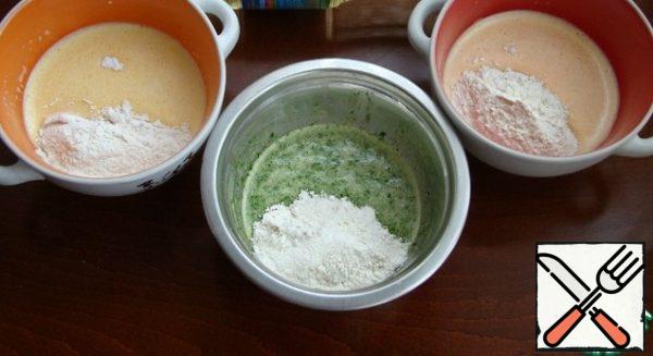 Mix flour with baking powder, sift and divide into three equal parts. Gently mix with a spatula.