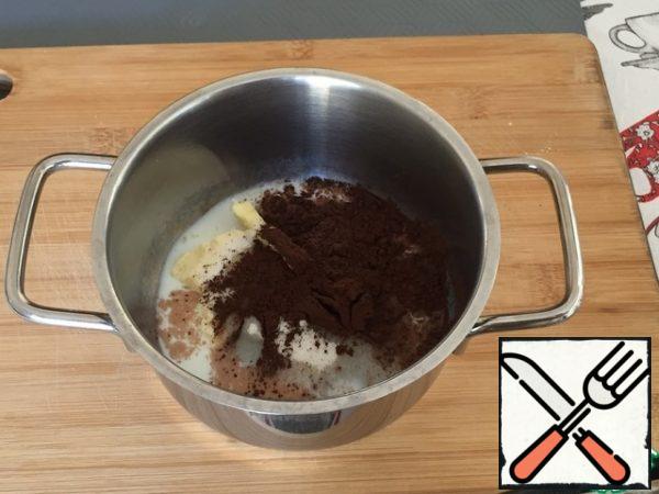 Meanwhile, prepare the icing. In a small saucepan, add the butter, sugar, milk and cocoa.
