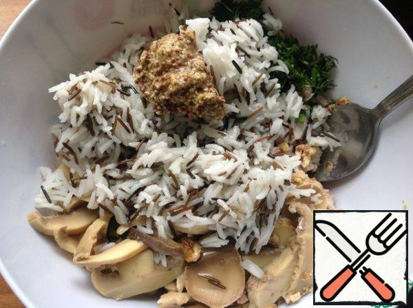 Add the prepared rice, mustard, oil, salt and pepper. Mix gently.