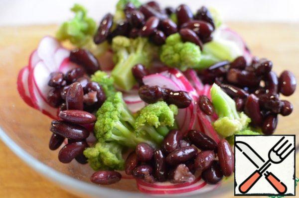 Wash the radishes and cut them into small circles. Put in a bowl, add the beans, broccoli.