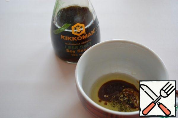 For dressing, mix soy sauce with balsamic, oil and mustard, add a pinch of oregano.