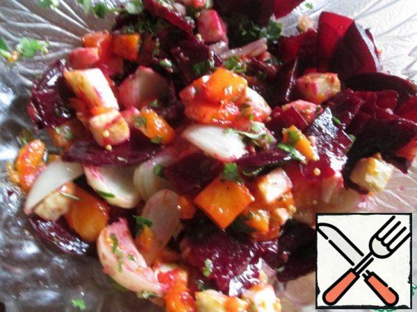Cool the vegetables. Cover the beets with cold water, cool, peel, and cut into small slices. Finely chop the greens. Put the vegetables in a salad bowl, sprinkle with herbs, pour the dressing.