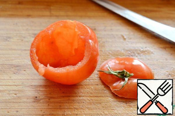 I decided to serve the salad in tomatoes. Cut off the tomato cap and remove the pulp with a teaspoon.