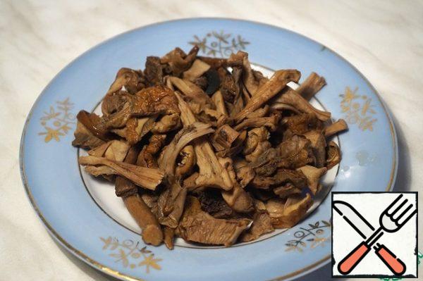 Boil the dried mushrooms until tender.
