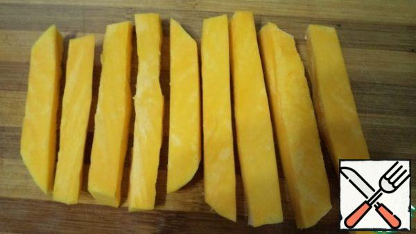 Pumpkin wash, clean. Cut into long bars about 10cm X 1cm X 1cm.