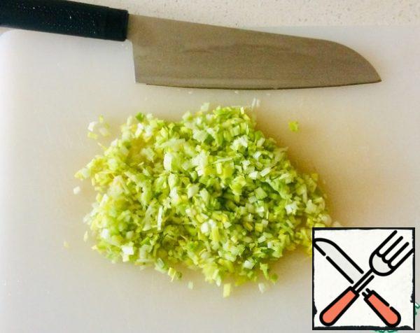Chop the onion as small as possible. I have leeks, but you can use green or onion.
