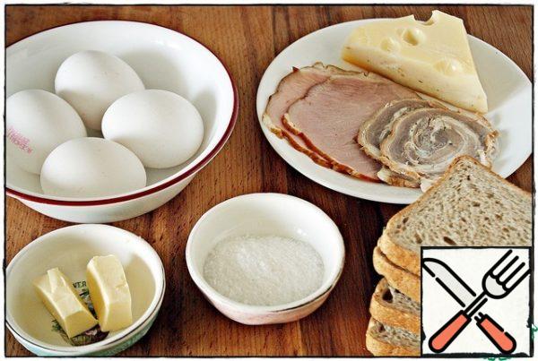 Breakfast is prepared quickly, and it is better to prepare the food in advance. The ingredients are listed for one serving, but I have two options for serving you and this is all in duplicate. You can vary the filling as you like - add herbs, finely chopped or dried tomatoes, sweet peppers, mix cottage cheese with cheese, etc., but hard cheese must be mandatory. I don't buy sausage, I found leftover pork in the refrigerator, a couple of slices of roll from the knuckle and a piece of cheese lying around...