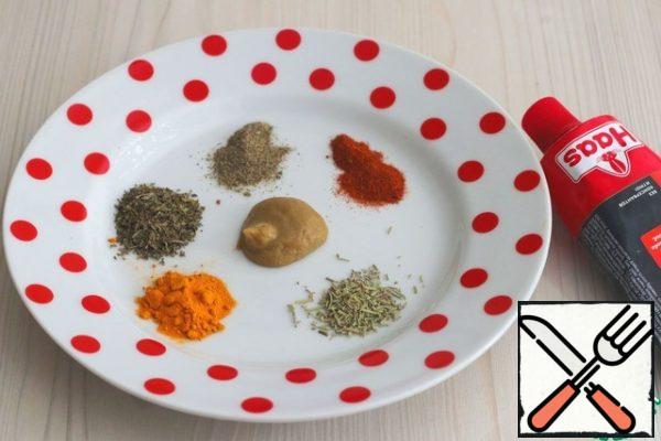 Prepare a set of spices: Mustard- (1 teaspoon), ground black pepper (1 teaspoon), turmeric- (1 teaspoon), mint-1 (teaspoon), rosemary- (1 teaspoon), smoked paprika - (1 teaspoon).