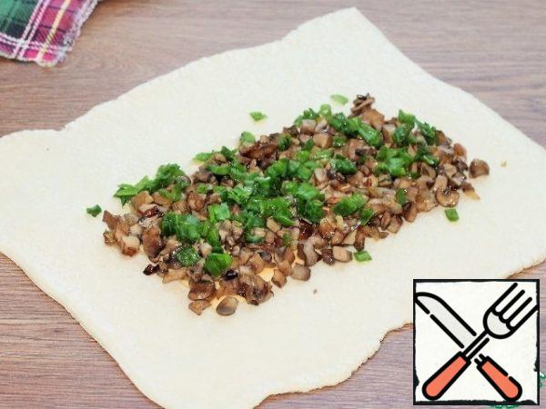 Spread the mushrooms on the cheese and sprinkle with green onions.