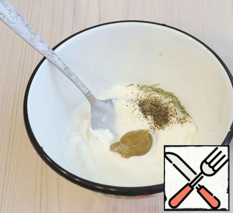 In a bowl, add sour cream (4 tablespoons), add mustard, add dried rosemary (1/2 teaspoon), add salt and ground white pepper, add 3 tablespoons of water. Stir the mixture.
