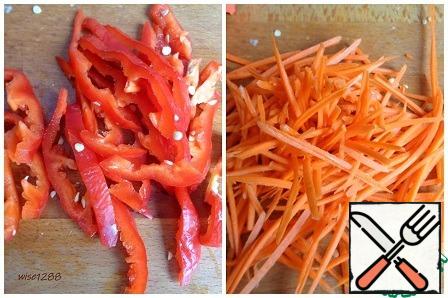 Pepper and carrots cut into strips.