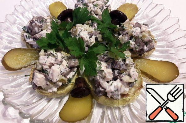 Garnish with herbs, pickled cucumber slices and mushrooms.