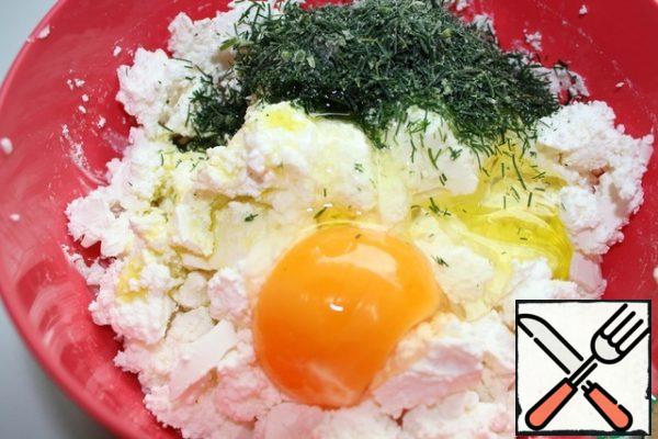 Mix feta or cheese with egg, butter and finely chopped dill.