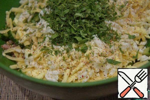 Add the herbs, salt and pepper to taste.