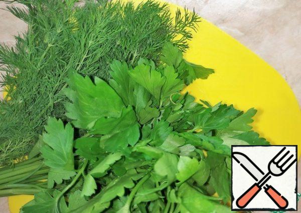And your favorite greens
(in my case, parsley and dill).