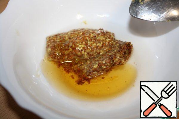 For dressing, mix mustard, honey, salt and water.