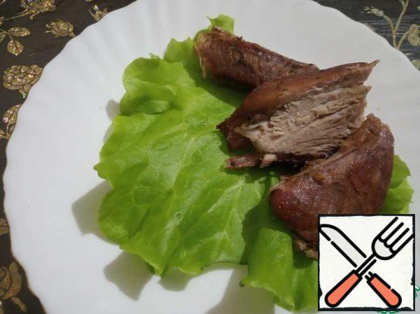 The perfect match for our salad will be a turkey thigh in a spicy marinade, baked in the oven.