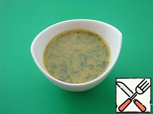 In a small container, combine the apple juice, mustard, olive oil, salt, pepper, brown sugar, finely chopped dill and beat lightly until smooth.