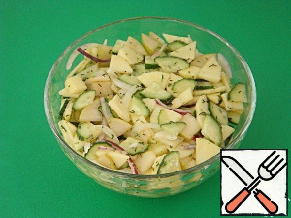 Pour the resulting dressing over the salad, mix. Cover with a lid and put in the refrigerator for an hour. During this time, the fragrant, delicate dressing literally envelops each slice and gives the salad an unforgettable taste.
