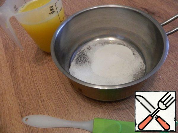 In a saucepan, put sugar, agar-agar and pour a little juice.