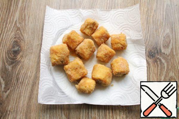 Fry them in hot oil until crisp on all sides, about 2-3 minutes on each side. Transfer the finished snack to a paper towel to remove excess oil.