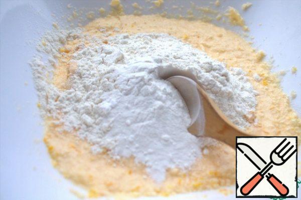 Add flour with baking powder, salt.