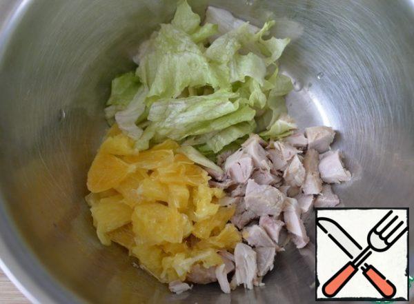 Boiled chicken fillet cut into small pieces.