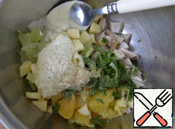 Combine mayonnaise with melted cheese. Add orange juice. Mix thoroughly, beat lightly.