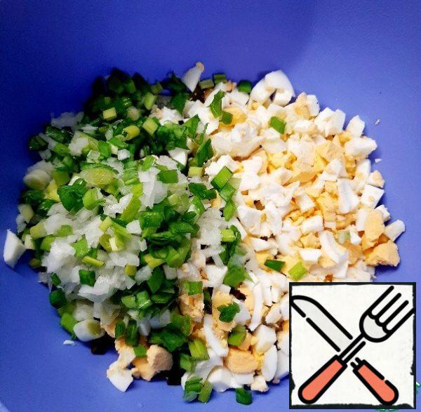 Put everything in a bowl, add finely chopped eggs, mix.