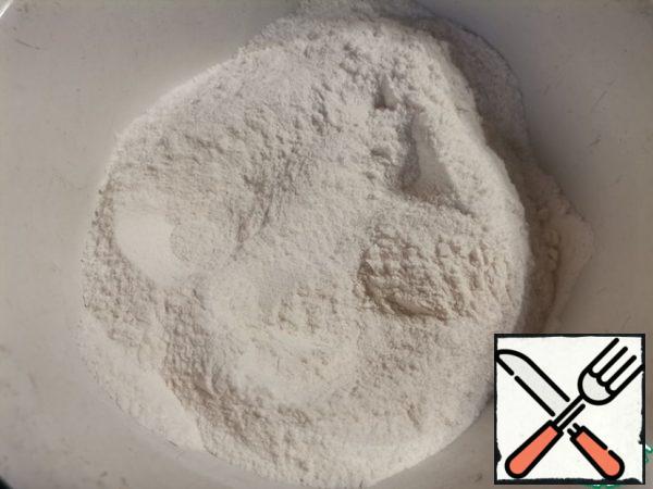 Mix dry ingredients: rice flour, salt, sugar, baking soda, baking powder and starch.