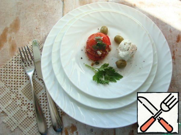 Tomatoes are ready. I served them with homemade cheese and olives.