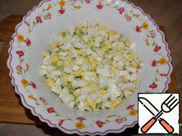 Eggs (pre-cook) cut into cubes, add to the chicken and cucumbers.