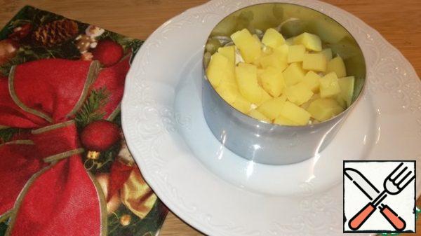 Cut the potatoes into cubes and lay out the second layer. Brush with a little mayonnaise.
