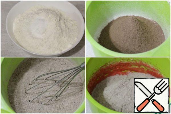 
Mix flour with baking soda and baking powder.
Sift flour mixture and cocoa powder into a bowl of liquid ingredients and stir.