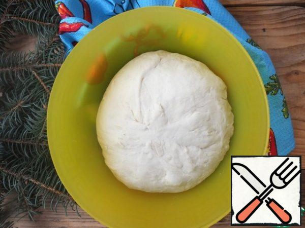 For the dough, mix kefir, warm water, vegetable oil, salt, sugar and dry yeast.
Gradually add the sifted flour, you may need it a little more or a little less, depending on the specific brand. Knead smooth dough.
I entrusted the whole process to the bread maker.
Cover with a towel and leave to rise for an hour at room temperatur
