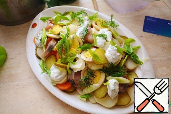 This is how it should approximately turn out - pour the remaining dressing and sprinkle with chopped herbs
