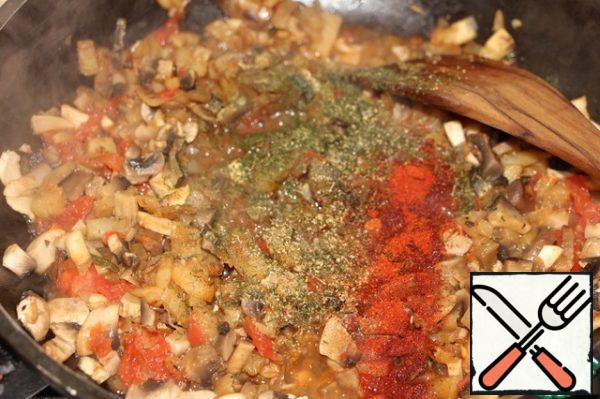 Add the diced tomato, dried dill and basil, stir, and simmer for another 5 minutes. Allow the mushroom mixture to cool slightly.