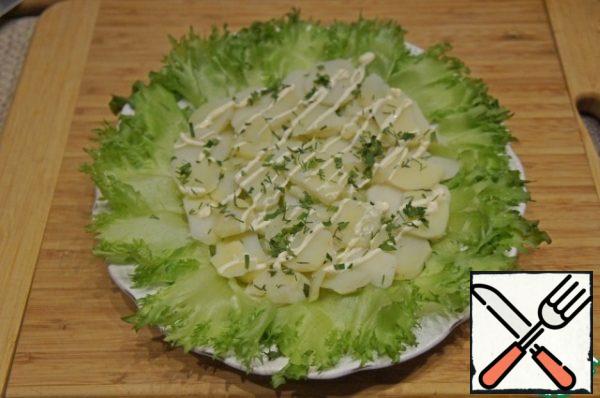 Cover a flat dish with green lettuce leaves.
Lay out the potatoes, cut into thin slices, apply a mesh of mayonnaise.