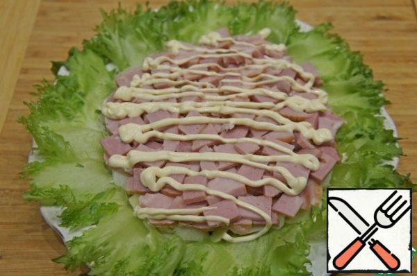 Top with ham or any cooked-smoked meat, cut into thin slices, and again apply a mesh of mayonnaise.