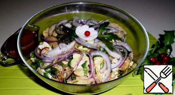 Combine everything in a salad bowl and season with the sauce. Let stand for 1 hour.