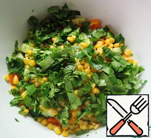 Cut the coriander greens, add to the rest of the salad ingredients.