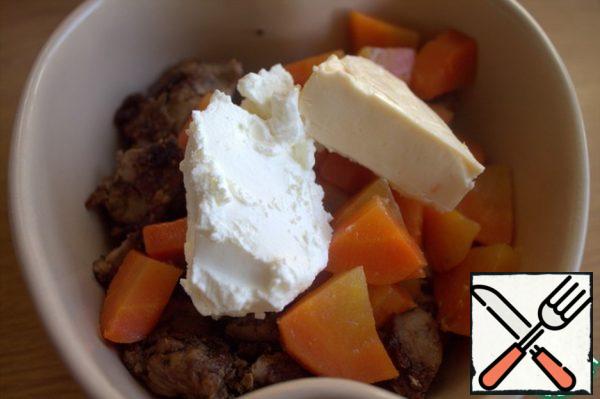 Add cream cheese and melted cheese. No cheese, pour in a couple of spoonfuls of cream. 