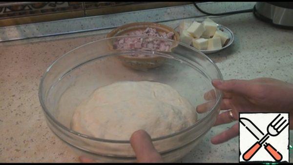 I had the dough fit for 45 minutes. Cut the ham into small cubes and mix it into the dough.