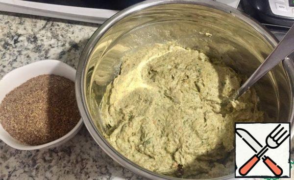 Combine the mass with almond flour, flax and psyllium (Psyllium is not a mandatory ingredient, but it will help the dough not to fall apart). You can add vegetable oil at this stage (I have olive oil). Carefully mix the mass with a spoon until smooth, cover with a film and leave for at least 15-20 minutes.