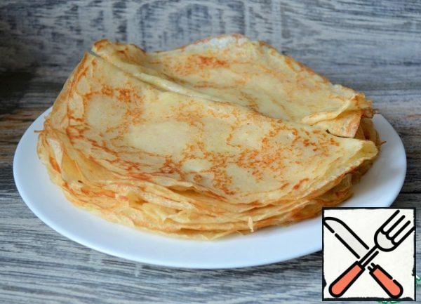 Bake unsweetened pancakes according to your favorite recipe.
If you don't have any yet, there will be links at the end of the recipe.