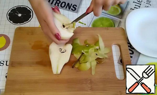 The pear needs to be peeled.
Cut in half, remove the core.