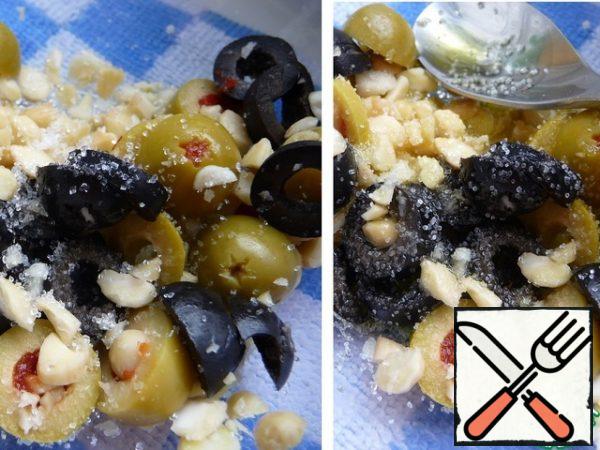 Add a little salt, add olive oil, add sugar, and mix.