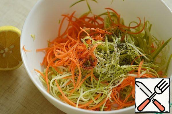 Grate the vegetables on a grater for Korean carrots, add lemon juice. salt. pepper and leave for 10 minutes.